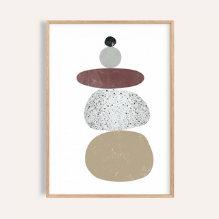Framed abstract rock art print with stacked shapes in muted grey red and beige