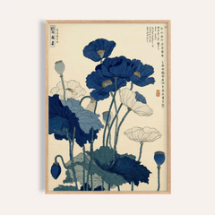 Japanese Poppy Wall Art in blue and white for living room wall art
