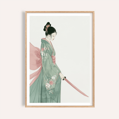 Framed print of a Japanese woman with katana in soft green and pink colours