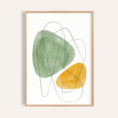 Framed Abstract Watercolor Art with green and yellow abstract shapes and black line accents