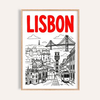 Framed Lisbon Travel Art print featuring red text and black line-art landmarks