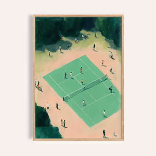 Framed print close-up of tennis court wall art showing players in green and beige tones