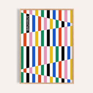 Framed Colorful Block Print with geometric shapes and vertical stripes in red green blue yellow and black