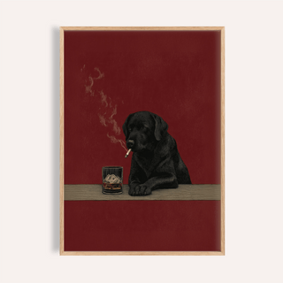 Framed Smoking Dog Painting with black dog smoking a cigarette against red background