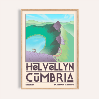 Framed Helvellyn Cumbria wall art of a mountain hiker above a lake in green and purple tones