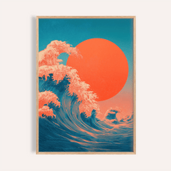 Framed Japandi Waves Print showing large blue ocean wave with orange sun background