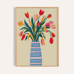 Floral Vase Art of colourful tulip bouquet in a blue patterned vase on cream background