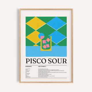 Framed print of a pisco sour cocktail illustration with colourful geometric shapes on a beige wall