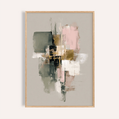 Framed pink and green wall art with abstract geometric shapes and muted colour tones