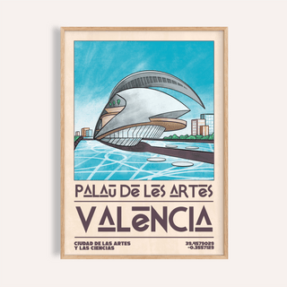 Valencia Architecture Print framed close-up of Palau de les Arts illustration with blue sky and typographic text