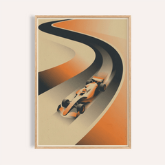 Framed close-up of formula racing art print with orange and beige minimalist illustration
