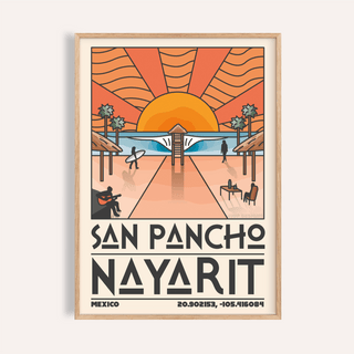 Framed print of San Pancho Nayarit sunset beach scene with orange sun and palm trees