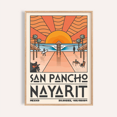 Framed print of San Pancho Nayarit sunset beach scene with orange sun and palm trees