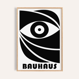 Framed Black Eye Poster with abstract eye and bauhaus text in black and white