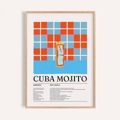 Framed Cuban Mojito Recipe print with red and blue grid and yellow cocktail illustration