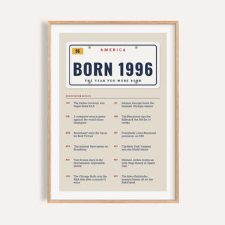 1996 print styled as an embossed license plate on a plain warm wall