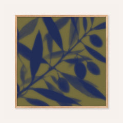 navy olive branch print showing olive leaves in soft focus on olive green