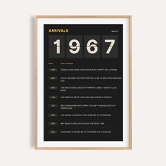 1967 print styled as a split flap arrivals board on a plain warm wall