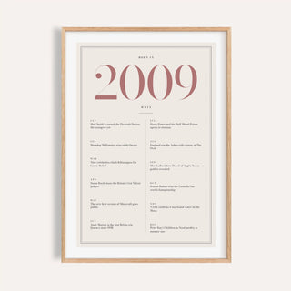 2009 year print with dusty rose numerals on cream on a plain warm wall