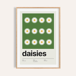 Daisy flower print shown on a plain warm cream wall
