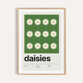 Daisy flower print shown on a plain warm cream wall