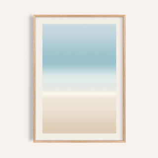 Pale blue wall art fading from soft blue through misty white to sand