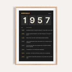 1957 print styled as a split flap arrivals board on a plain warm wall