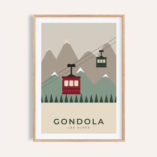 Red alpine gondola print shown on a plain warm wall