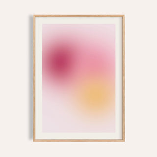 Raspberry print with soft clouds of raspberry, pink and amber on pale pink