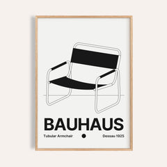 Armchair print of a tubular steel armchair with a black sling seat and BAUHAUS wordmark