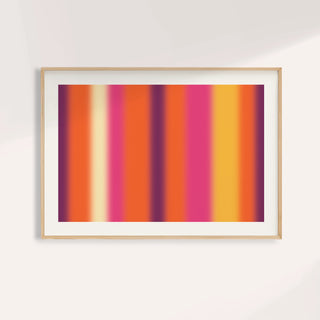 Retro sunset print with soft vertical stripes of orange, pink and plum