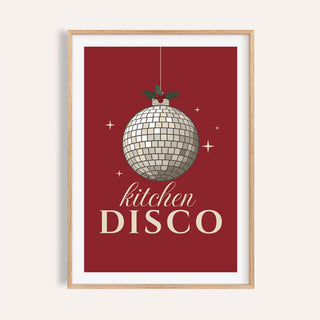 Red kitchen disco print shown on a plain warm wall