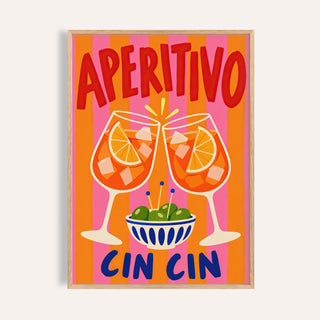 Cin cin print with APERITIVO lettering, two orange spritz glasses and olives