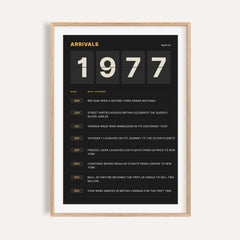1977 print styled as a split flap arrivals board on a plain warm wall