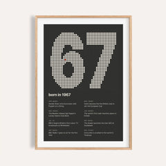 1967 print with the year built from cream dots on a plain warm wall