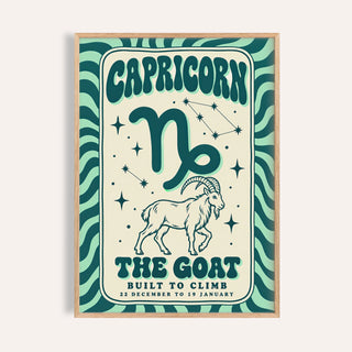 Capricorn print with melty CAPRICORN lettering, a mountain goat and teal stripes