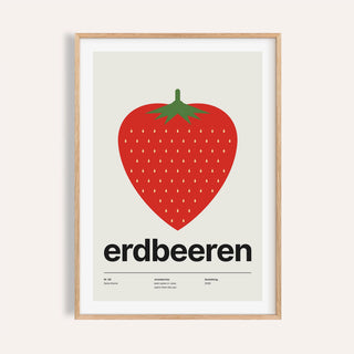Single big strawberry print shown on a plain warm wall