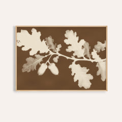 tea toned oak leaves print showing oak leaves in soft focus on tea toned brown