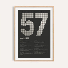 1957 print with the year built from cream dots on a plain warm wall