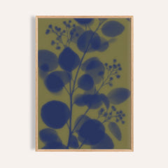 navy eucalyptus print showing eucalyptus in soft focus on olive green