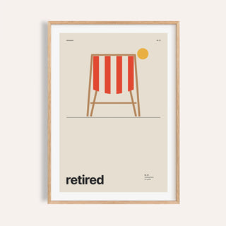 Striped deckchair retirement print shown on a plain warm cream wall