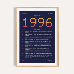 1996 pixel art print in arcade sunset colours on a plain warm wall