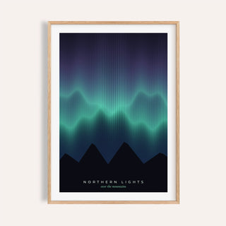 Green aurora over mountains print shown on a plain warm wall