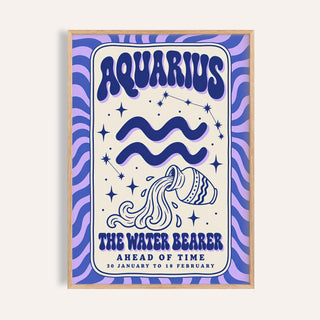 Aquarius print with melty AQUARIUS lettering, a pouring jar and lilac stripes