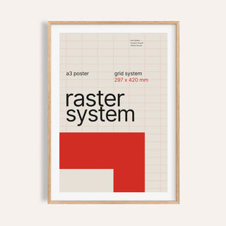 Swiss grid system poster shown on a plain warm wall