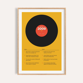 2009 print styled as a vinyl record on mustard on a plain warm wall