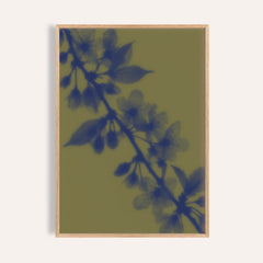 olive cherry blossom print showing cherry blossom in soft focus on olive green