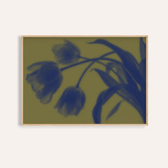 navy tulip print showing tulips in soft focus on olive green