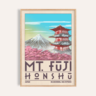 Mount Fuji pagoda poster with a red pagoda, snowy Mount Fuji and pink cherry blossom