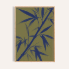 navy bamboo print showing bamboo in soft focus on olive green